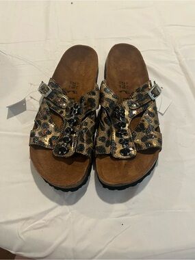 Metallic Gold Leopard Embellished Slide Sandals